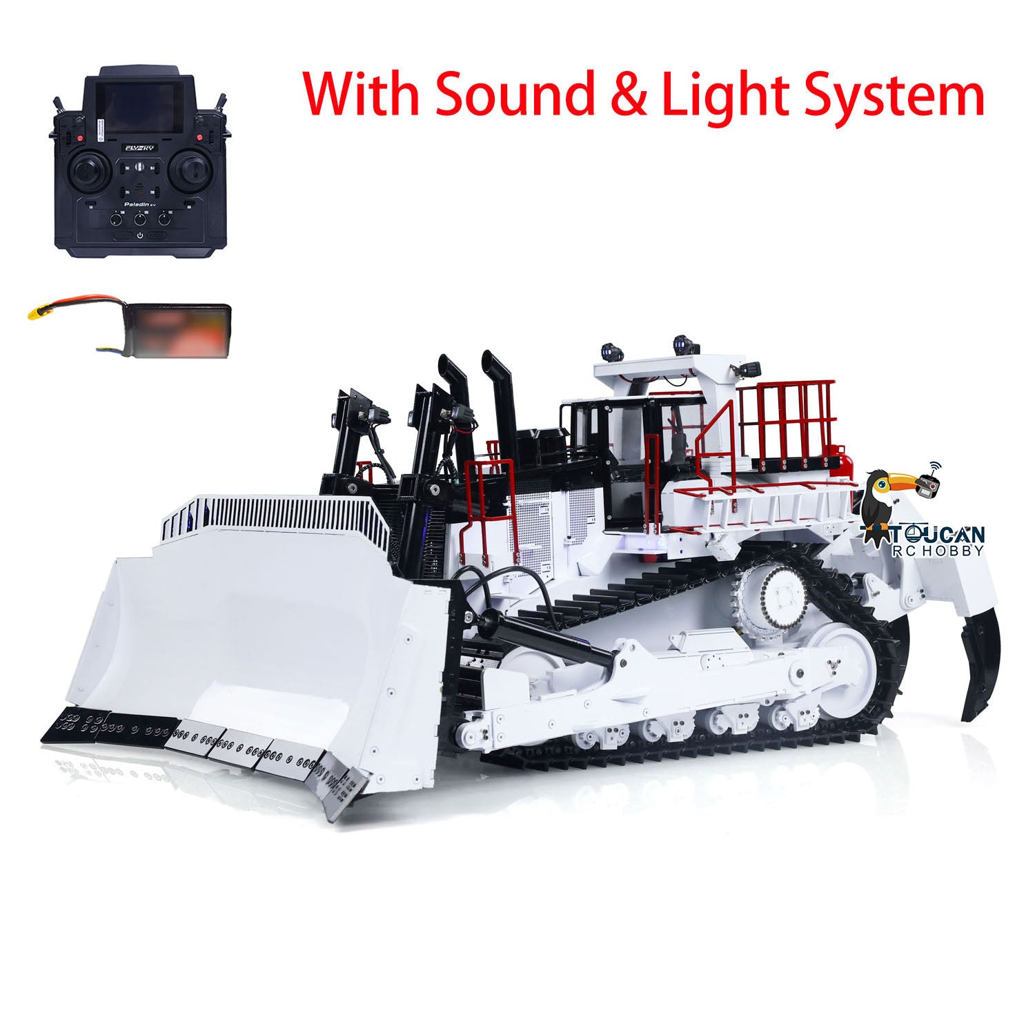 TOUCAN D11T 1/14 Metal Hydraulic RC Bulldozer white configuration with radio controller and battery