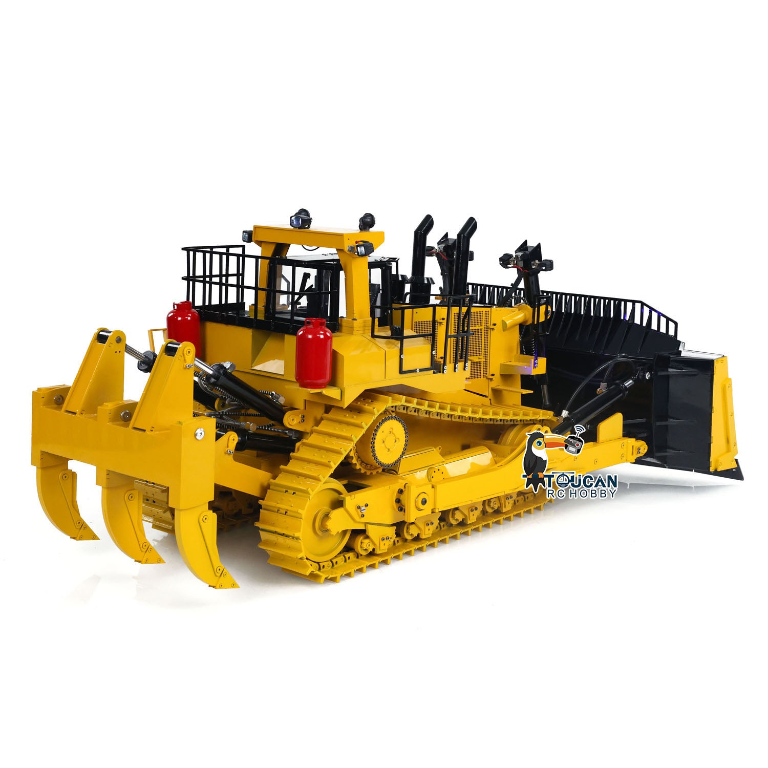 TOUCAN D11T 1/14 Metal Hydraulic RC Bulldozer side detail with hydraulic components and track system