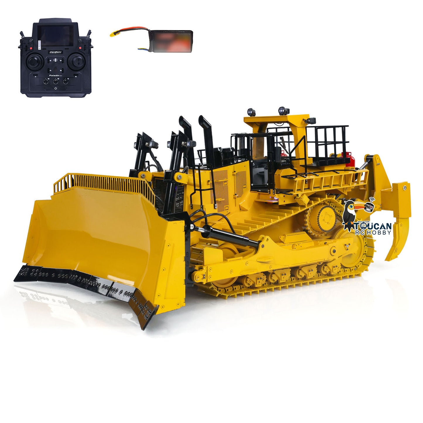 TOUCAN D11T 1/14 Metal Hydraulic RC Bulldozer yellow configuration with PL18EV radio controller and battery