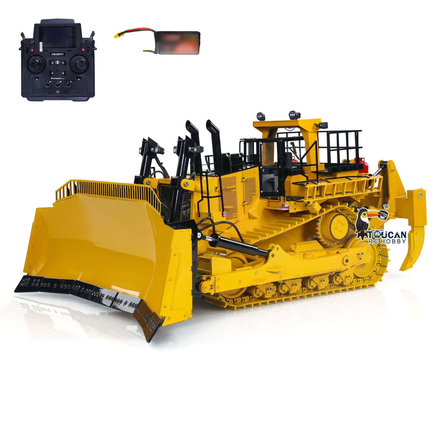 TOUCAN D11T 1/14 Metal Hydraulic RC Bulldozer yellow configuration with PL18EV radio controller and battery