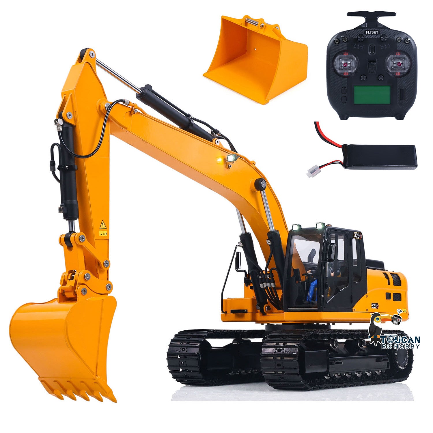 TOUCAN 323GX 1/12 metal RC hydraulic excavator RTR package with ST8 radio controller and included attachments