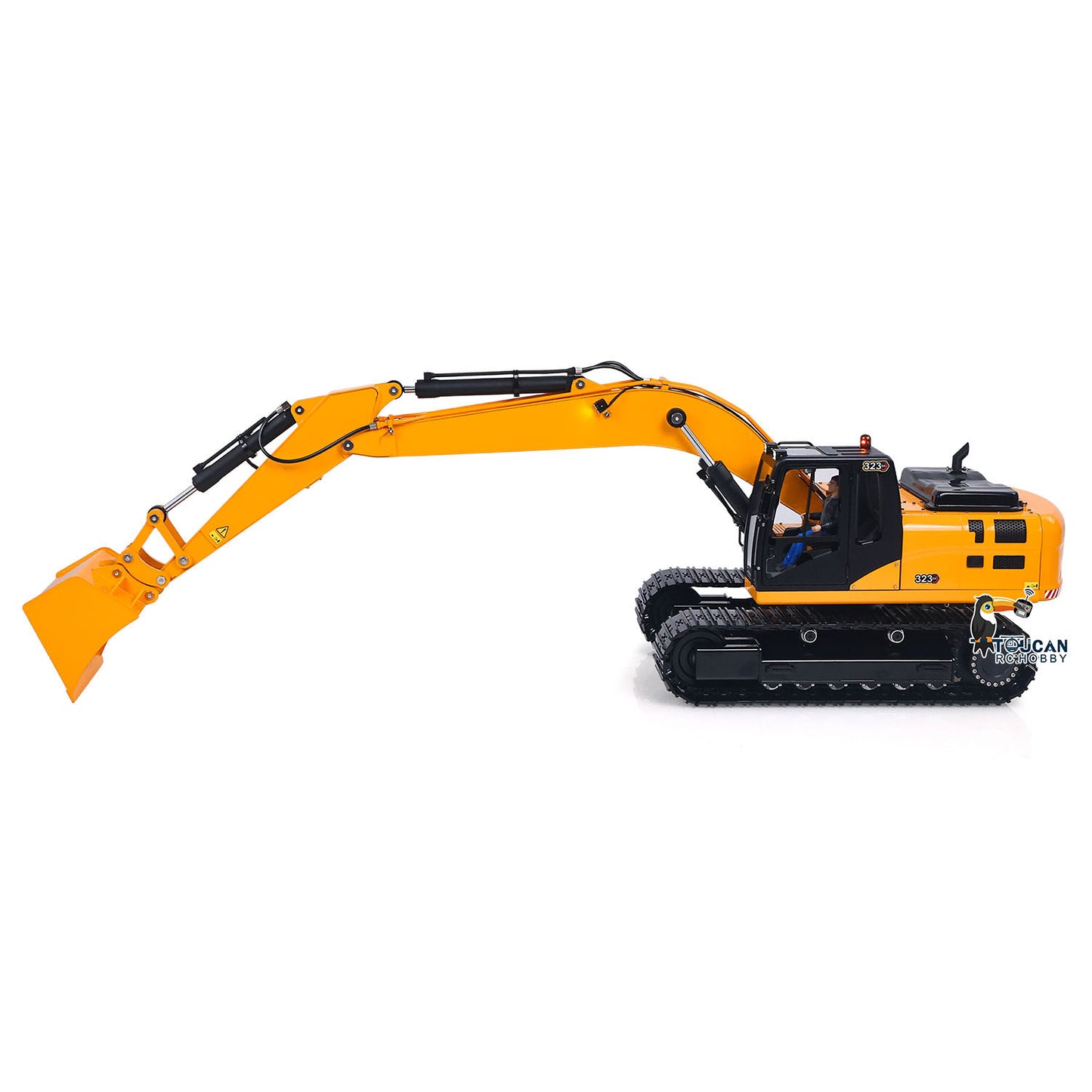 TOUCAN 323GX 1/12 RC hydraulic excavator side view with metal tracks, long boom and realistic construction model details