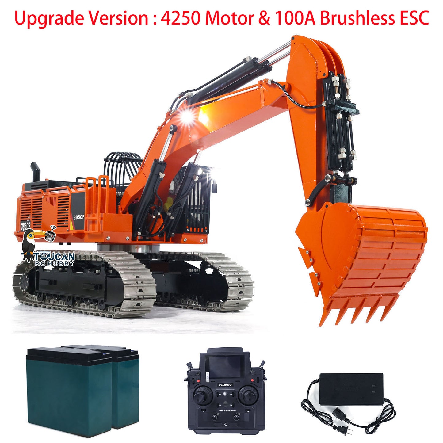 TOUCAN 385CF 1/8 Metal Hydraulic RC Excavator Heavy Duty Construction Digger orange set with battery charger and radio controller