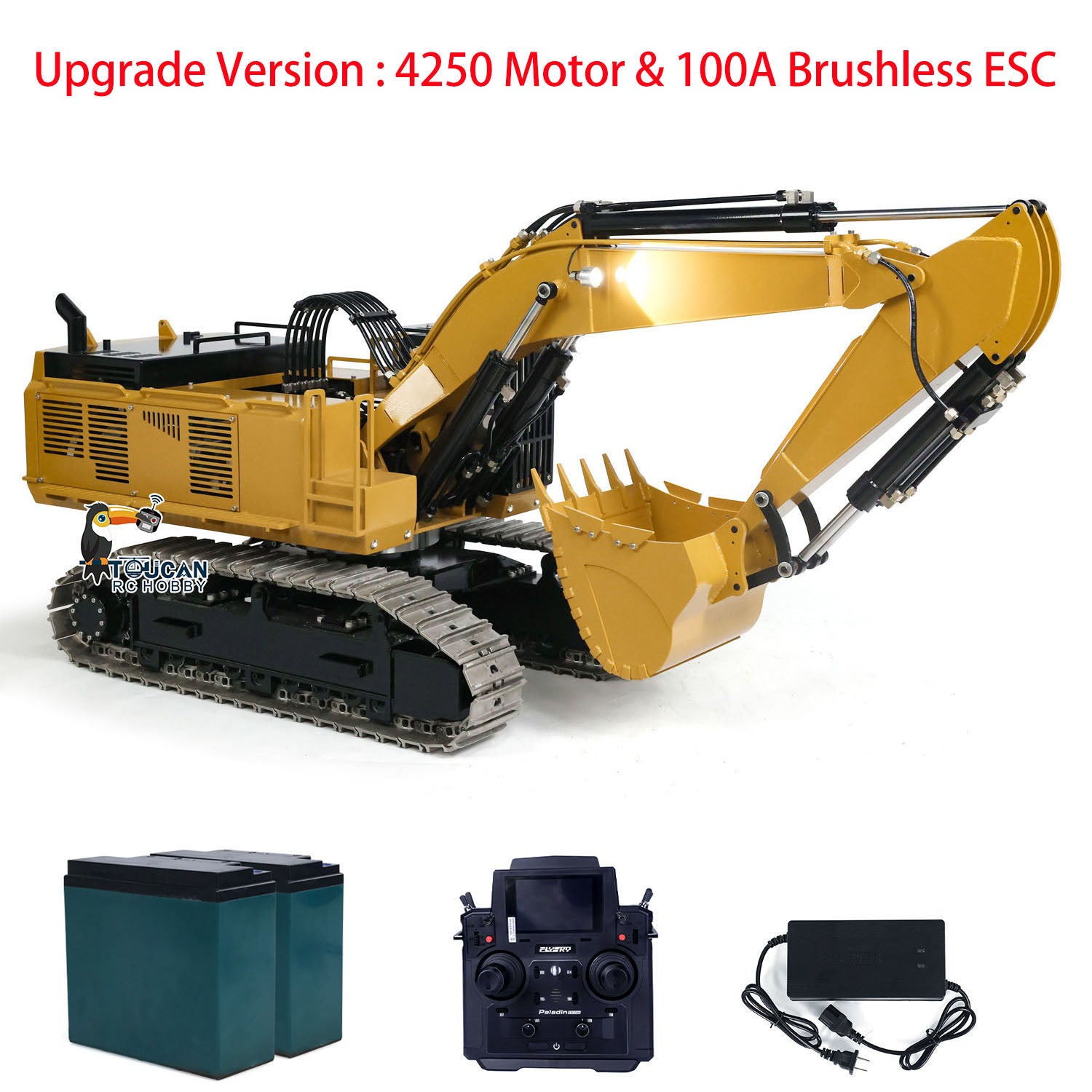 TOUCAN 385CF 1/8 Metal Hydraulic RC Excavator Heavy Duty Construction Digger yellow set with battery charger and radio controller