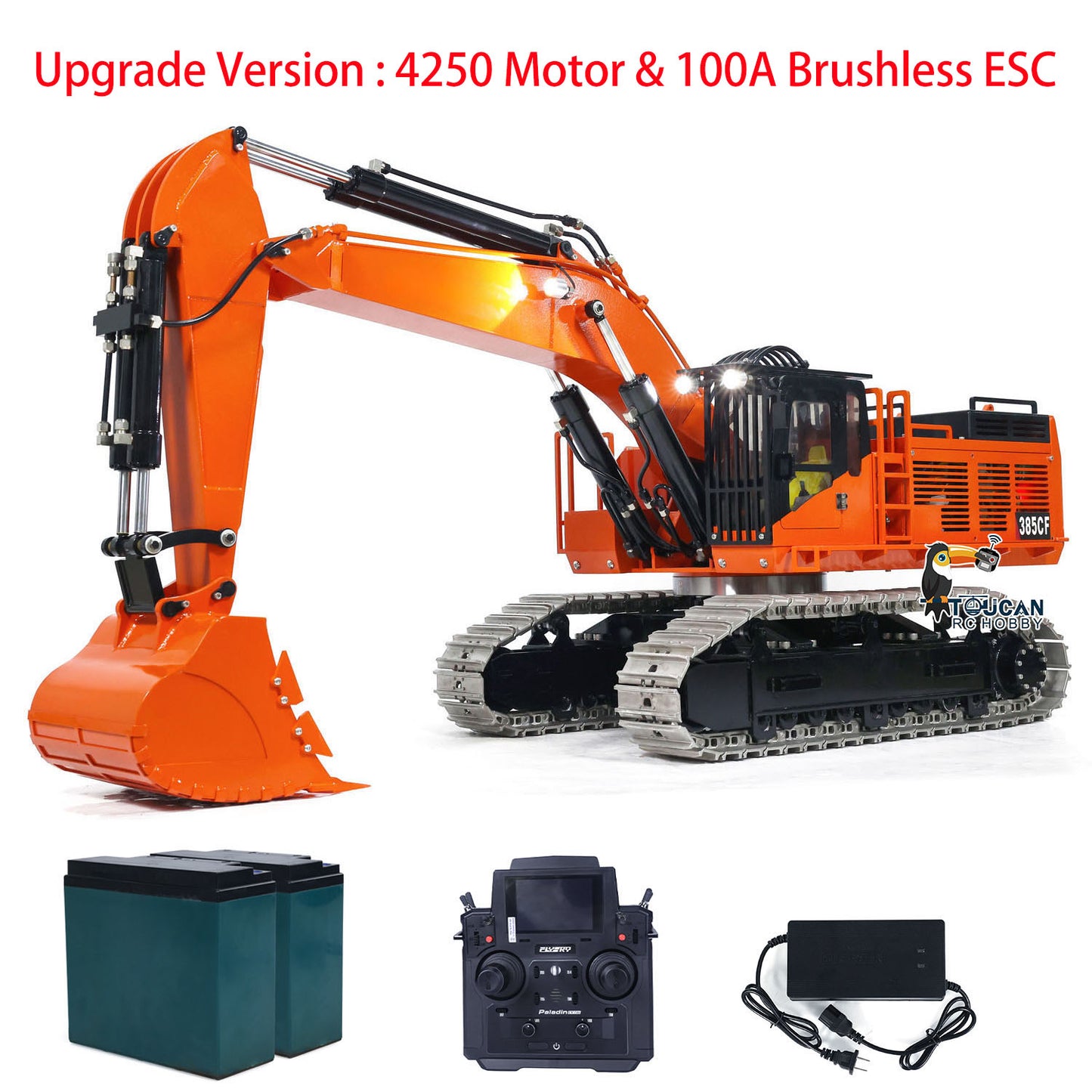 TOUCAN 385CF 1/8 Metal Hydraulic RC Excavator 150kg Heavy Duty Digger orange configuration with radio controller battery and charger