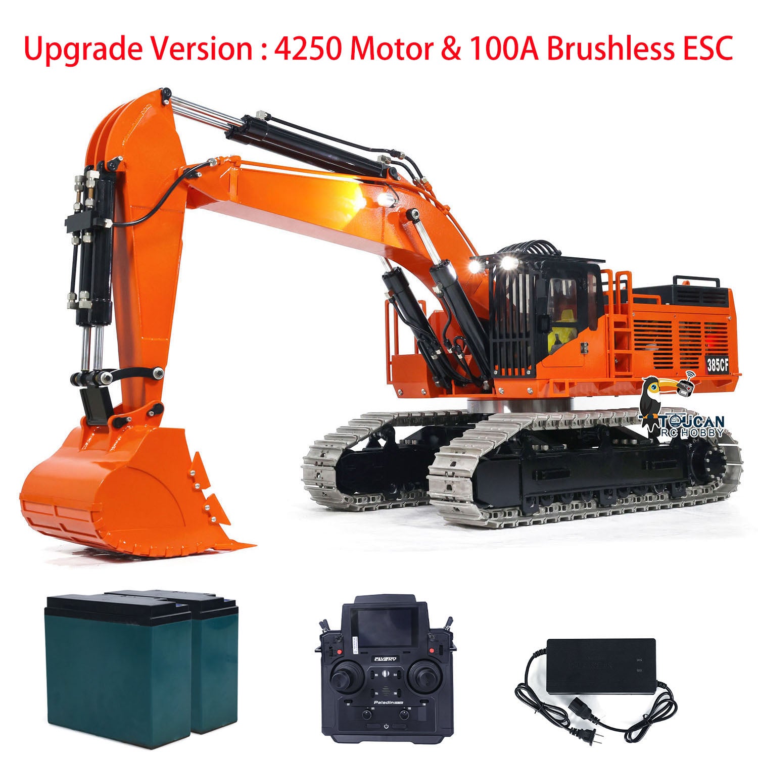 TOUCAN 385CF 1/8 Metal Hydraulic RC Excavator 150kg Heavy Duty Digger orange configuration with radio controller battery and charger