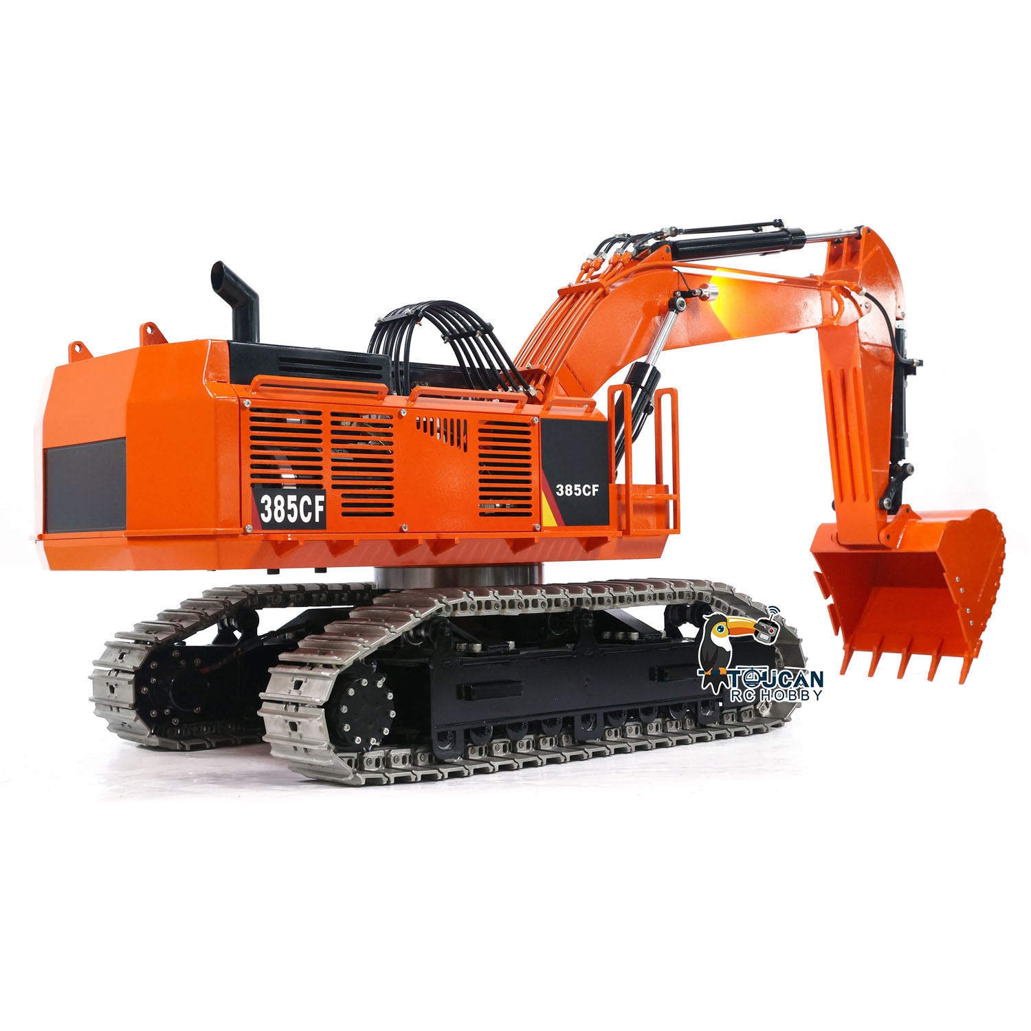 TOUCAN 385CF 1/8 Metal Hydraulic RC Excavator Heavy Duty Construction Digger side view with excavator arm