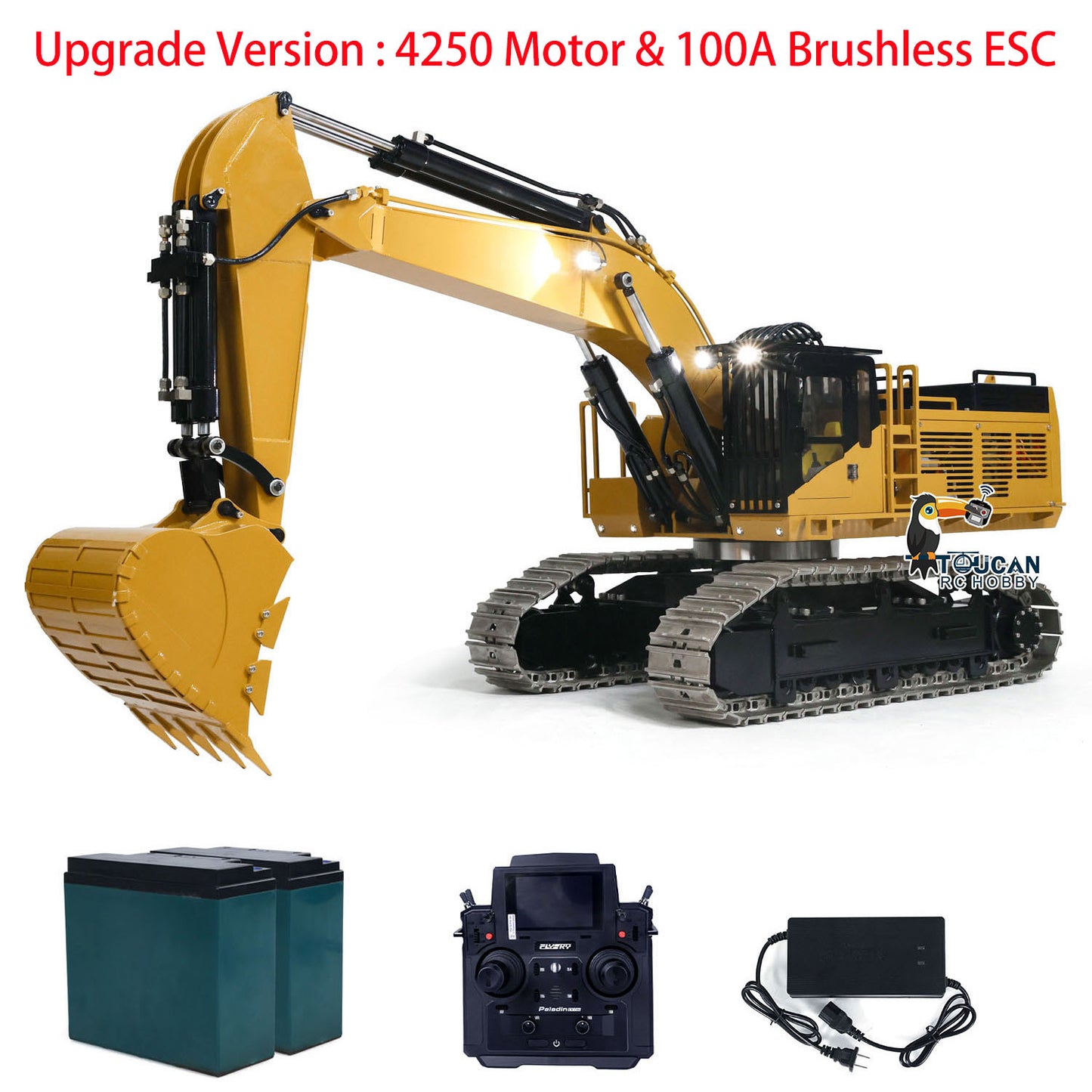 TOUCAN 385CF 1/8 Metal Hydraulic RC Excavator 150kg Heavy Duty Digger yellow configuration with radio controller battery and charger