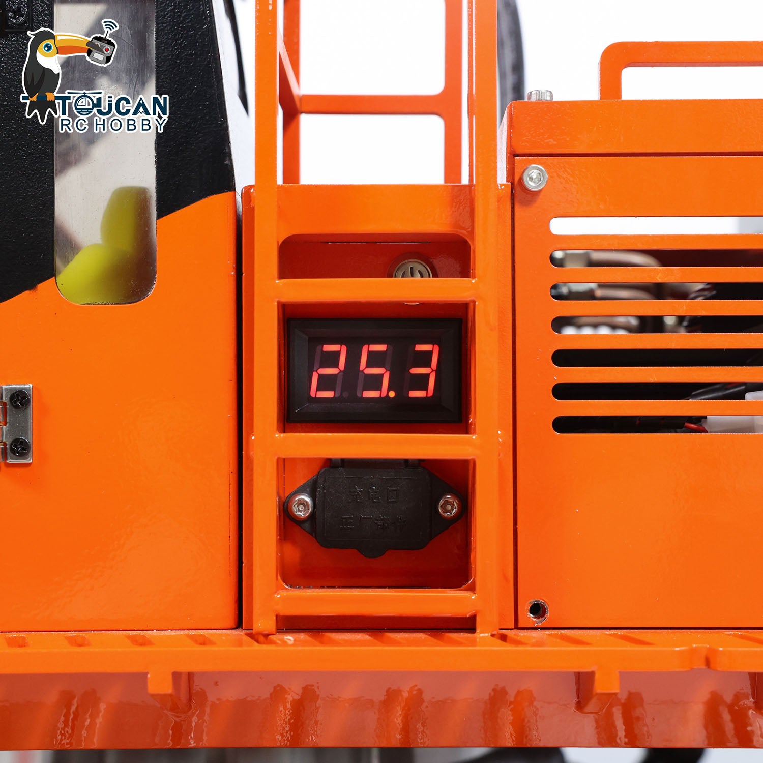 TOUCAN 385CF 1/8 Metal Hydraulic RC Excavator battery and pressure gauge detail for system monitoring