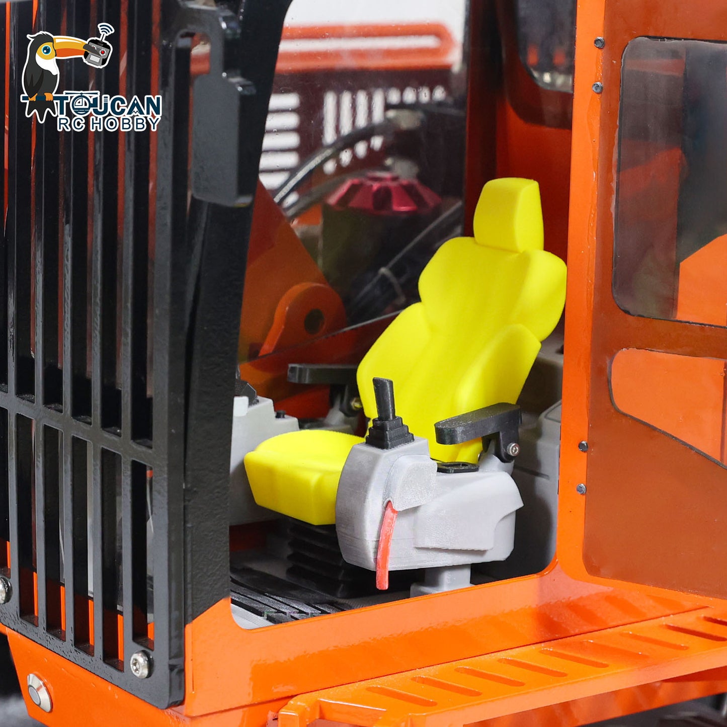 TOUCAN 385CF 1/8 Metal Hydraulic RC Excavator cab interior with detailed controls and realistic interior