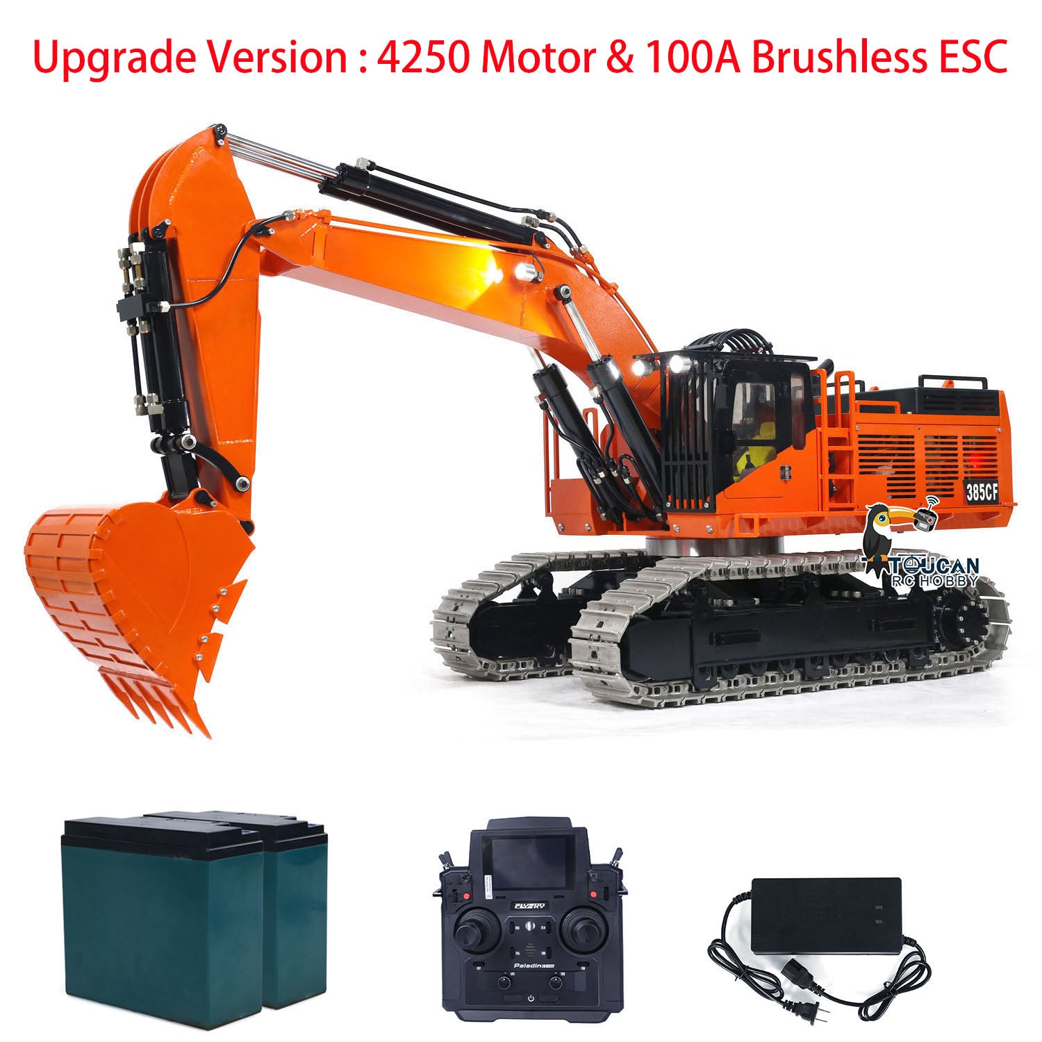 TOUCAN 385CF 1/8 Metal Hydraulic RC Excavator 150kg Heavy Duty Digger orange RTR package with radio controller battery and charger