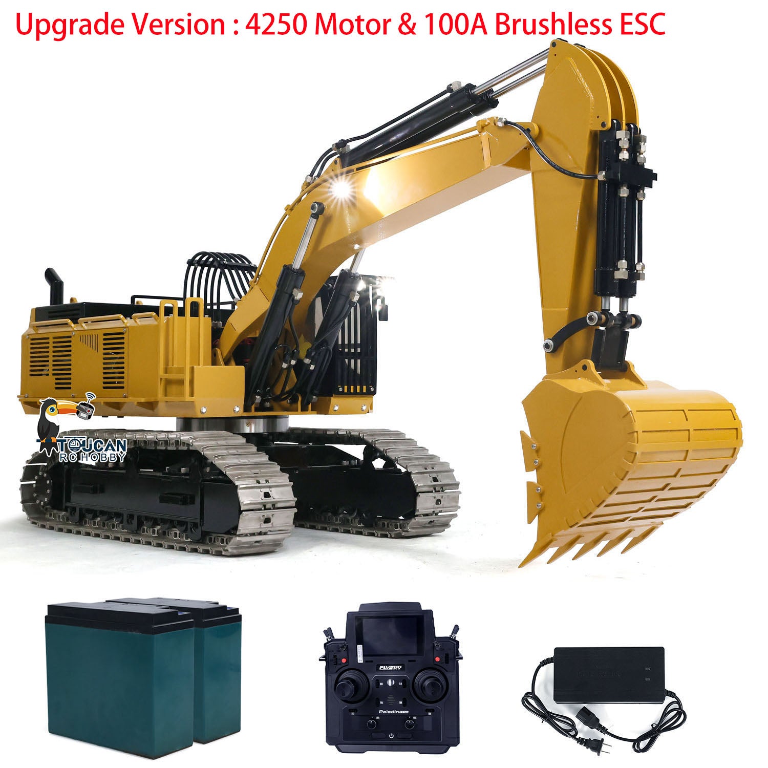 TOUCAN 385CF 1/8 Metal Hydraulic RC Excavator 150kg Heavy Duty Digger yellow RTR package with radio controller battery and charger