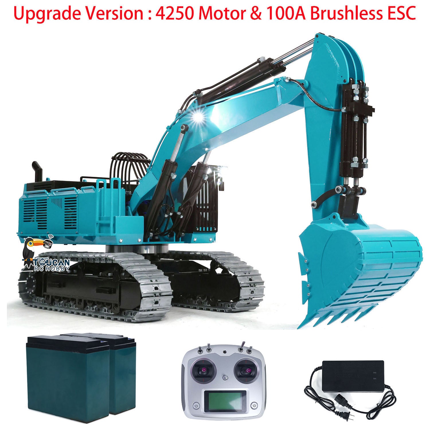 TOUCAN 385CF 1/8 Metal RC Hydraulic Crawler Excavator blue complete set with I6S radio controller battery and charger
