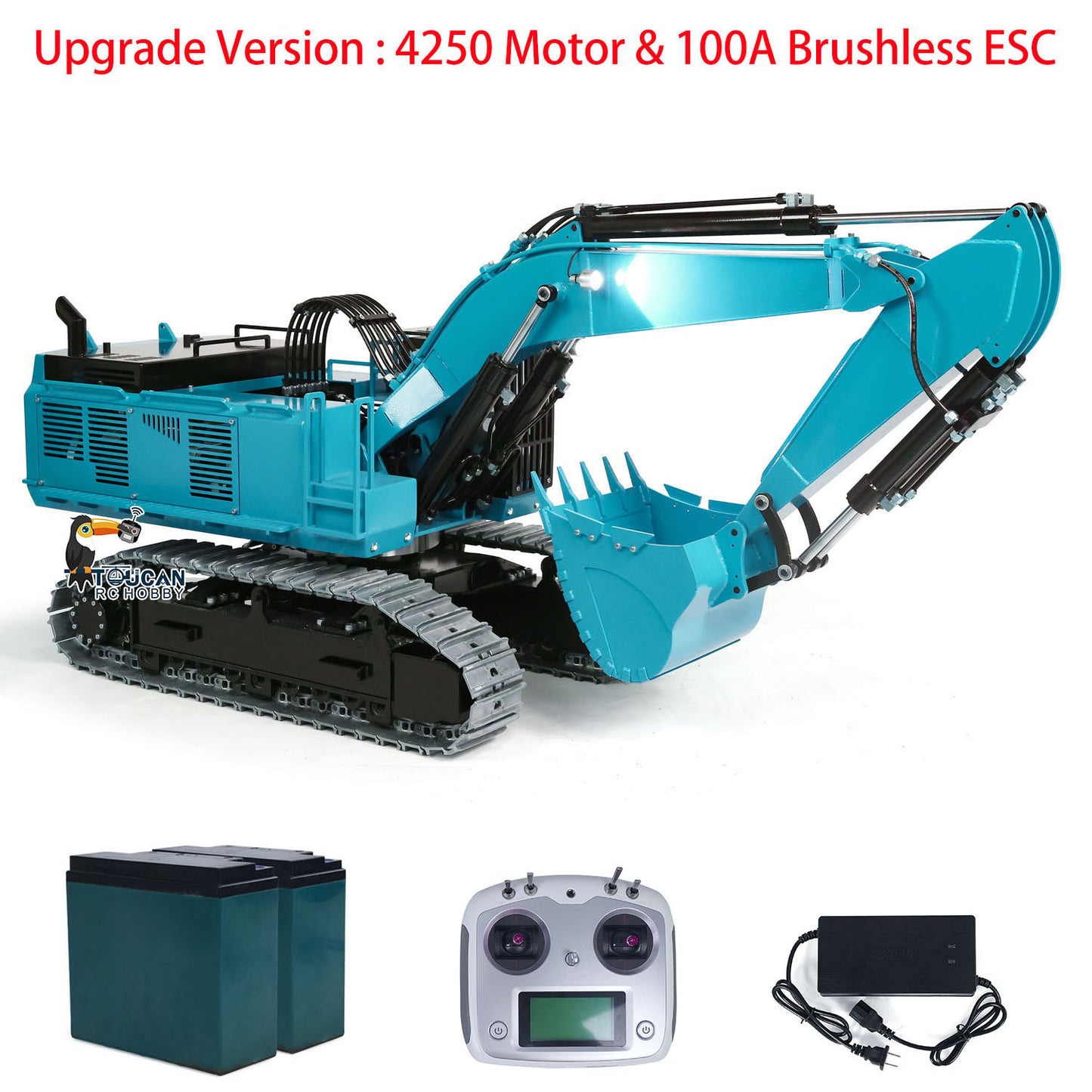 TOUCAN 385CF 1/8 Metal RC Hydraulic Crawler Excavator blue ready-to-run package with I6S radio controller battery and charger
