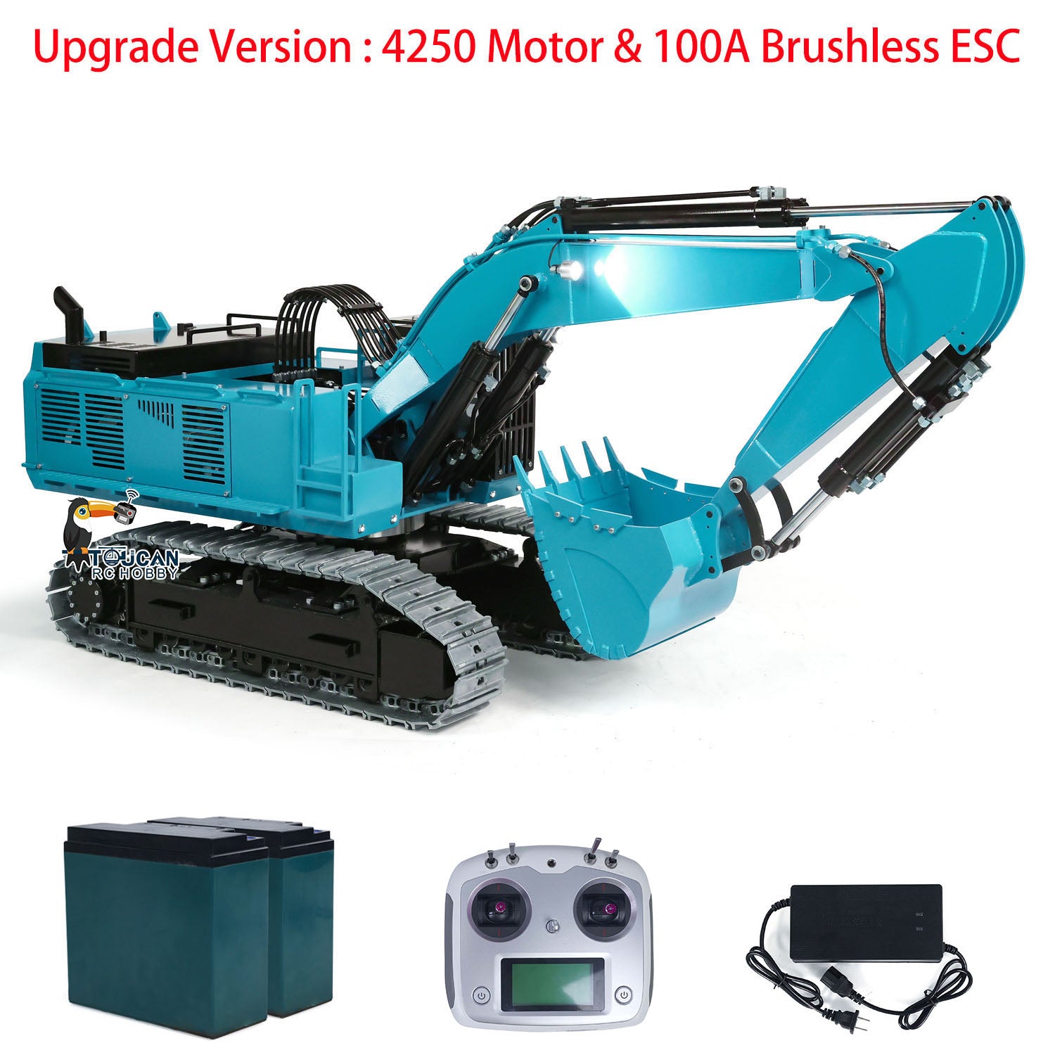 TOUCAN 385CF 1/8 Metal RC Hydraulic Crawler Excavator blue ready-to-run package with I6S radio controller battery and charger