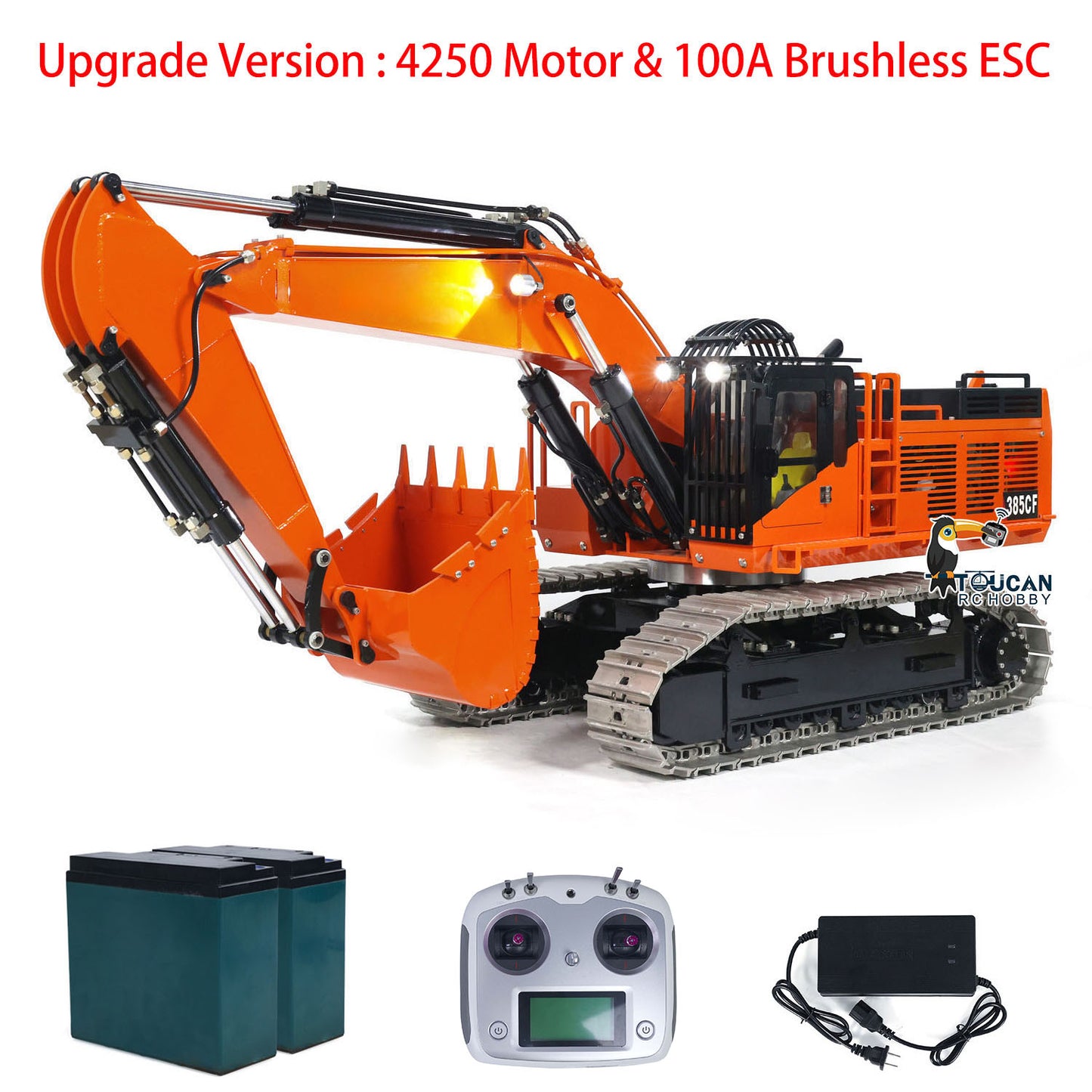 TOUCAN 385CF 1/8 Metal RC Hydraulic Crawler Excavator orange complete set with I6S radio controller battery and charger