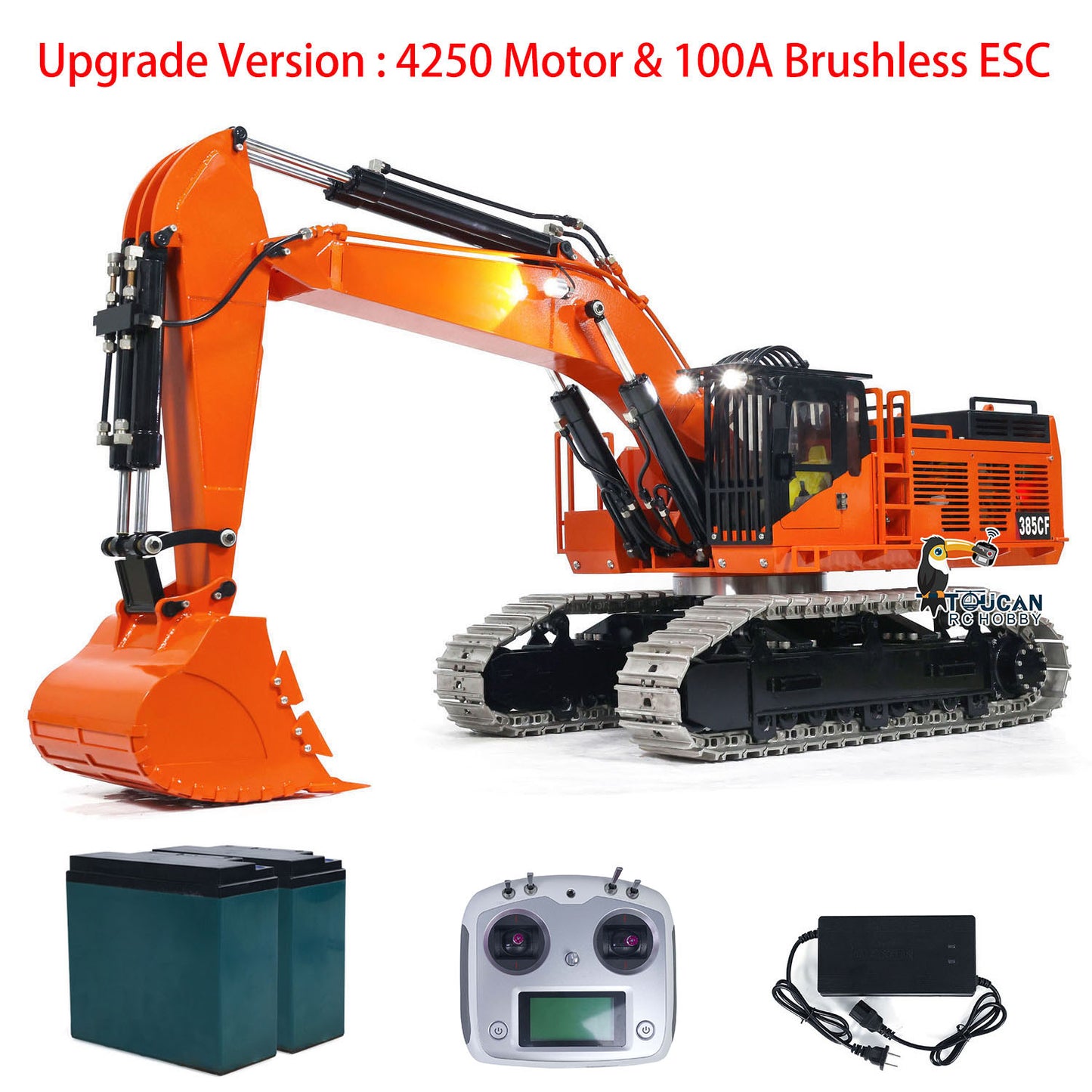 TOUCAN 385CF 1/8 Metal RC Hydraulic Crawler Excavator orange RTR package with i6s radio controller battery and charger