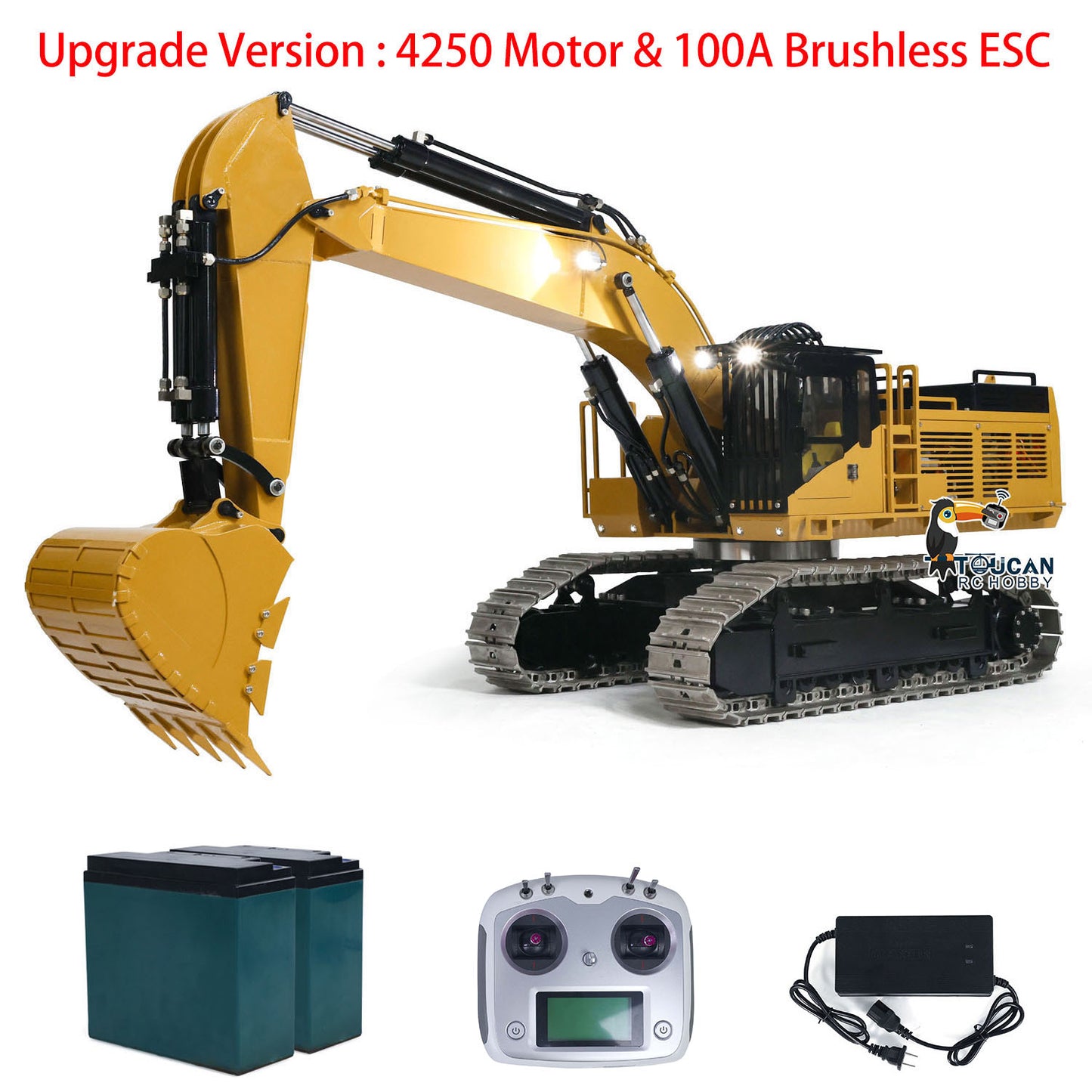 TOUCAN 385CF 1/8 Metal RC Hydraulic Crawler Excavator yellow complete set with I6S radio controller battery and charger