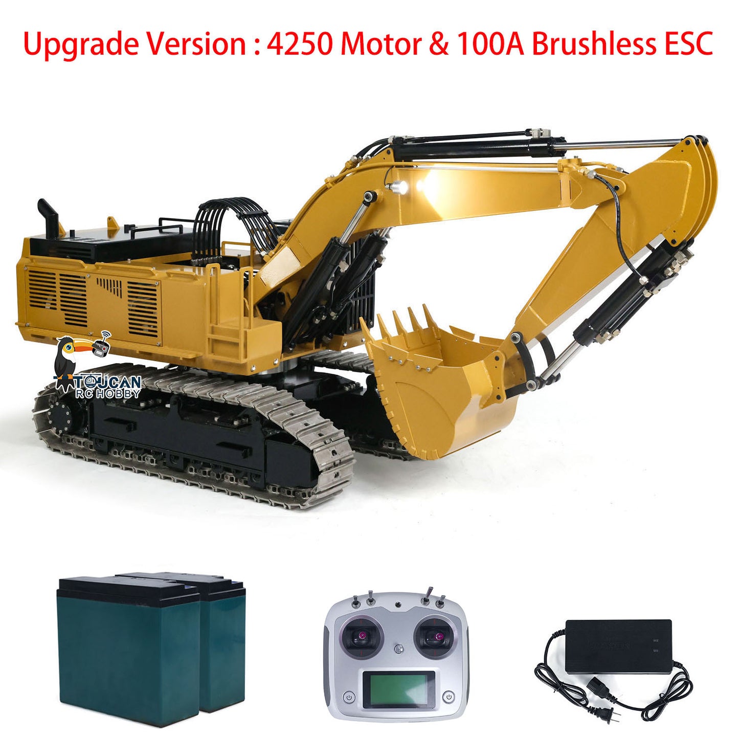 TOUCAN 385CF 1/8 Metal RC Hydraulic Crawler Excavator yellow ready-to-run package with I6S radio controller battery and charger