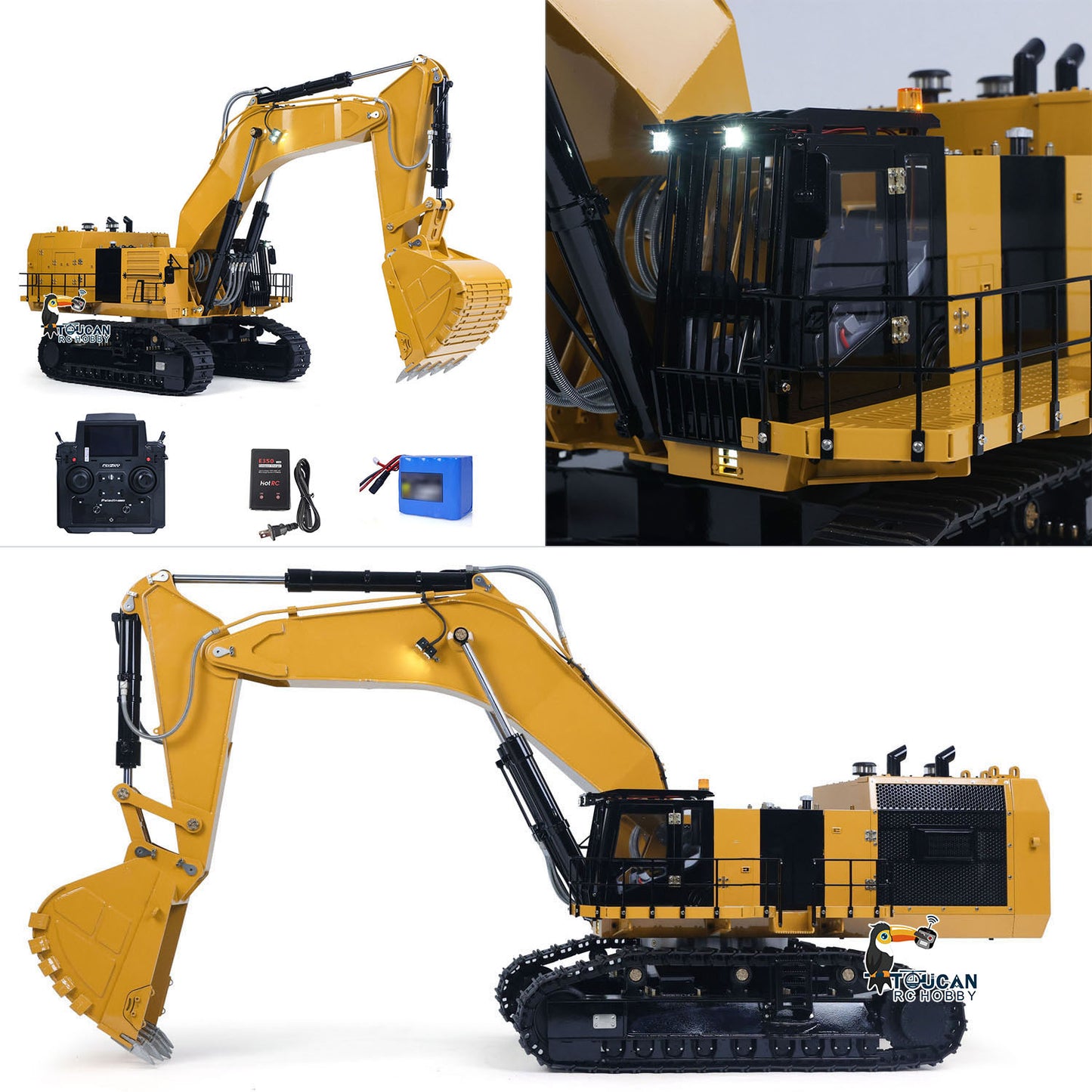 TOUCAN 6015B 1/14 Metal RC Hydraulic Excavator feature overview with package contents and detailed components