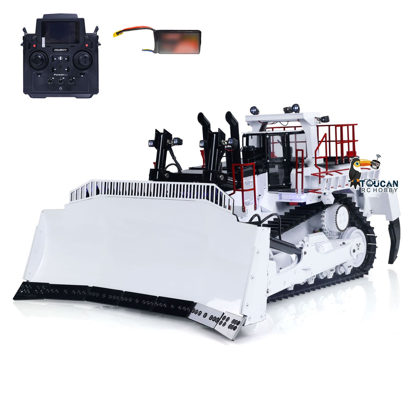 TOUCAN D11T 1/14 Metal Hydraulic RC Bulldozer white RTR configuration with radio controller and battery