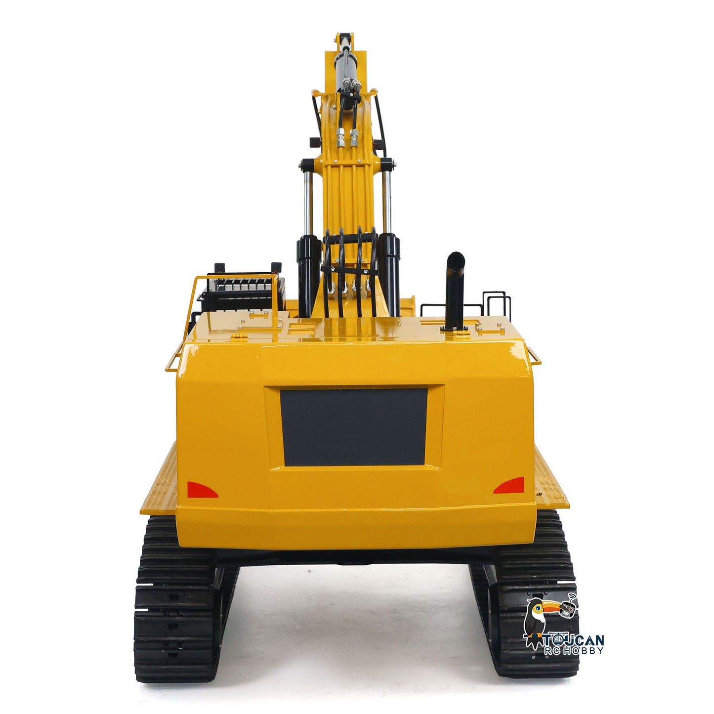 TYMX 390F 1/8 Metal Hydraulic RC Excavator 150kg Heavy Duty Digger rear view with tracked chassis
