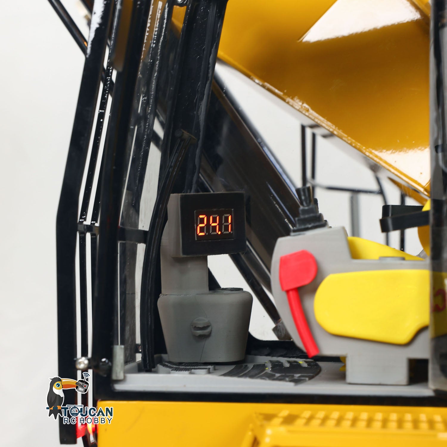 TYMX 395 1/8 Metal Hydraulic RC Excavator Heavy Duty Digger cab interior with detailed operator controls