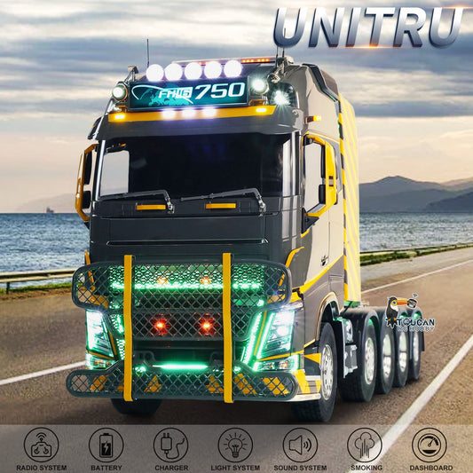 1/14 Unitru-02 FH16 Highline RC Tractor Truck, 10X10 Full Metal Chassis Dark Gray Yellow Painted Model