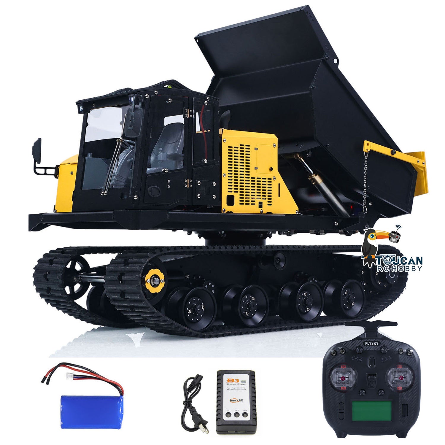 WKLC T14R 1/14 Metal RC Hydraulic Tracked Dump Truck yellow and black overall view