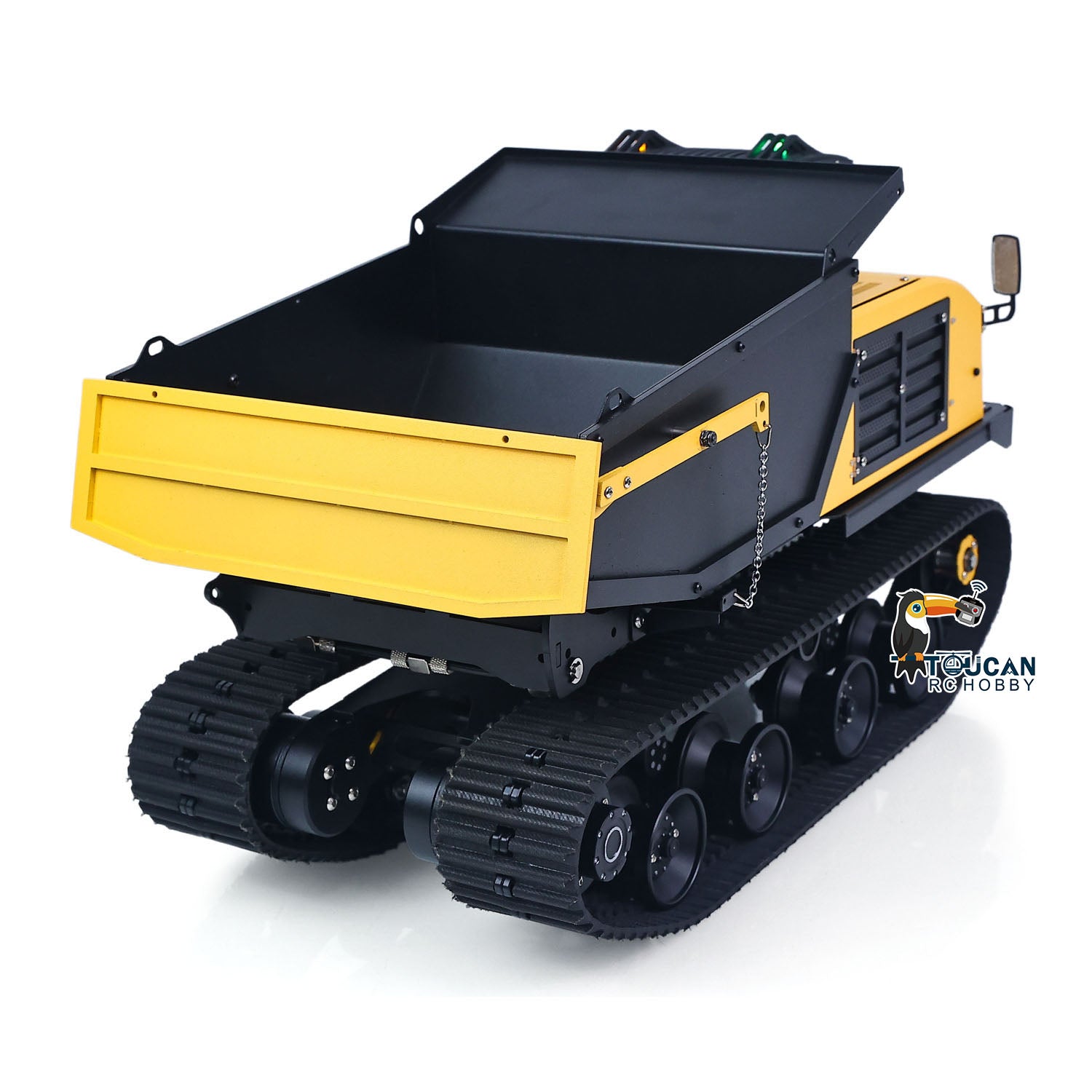 WKLC T14R 1/14 Metal RC Hydraulic Tracked Dump Truck yellow and black side view